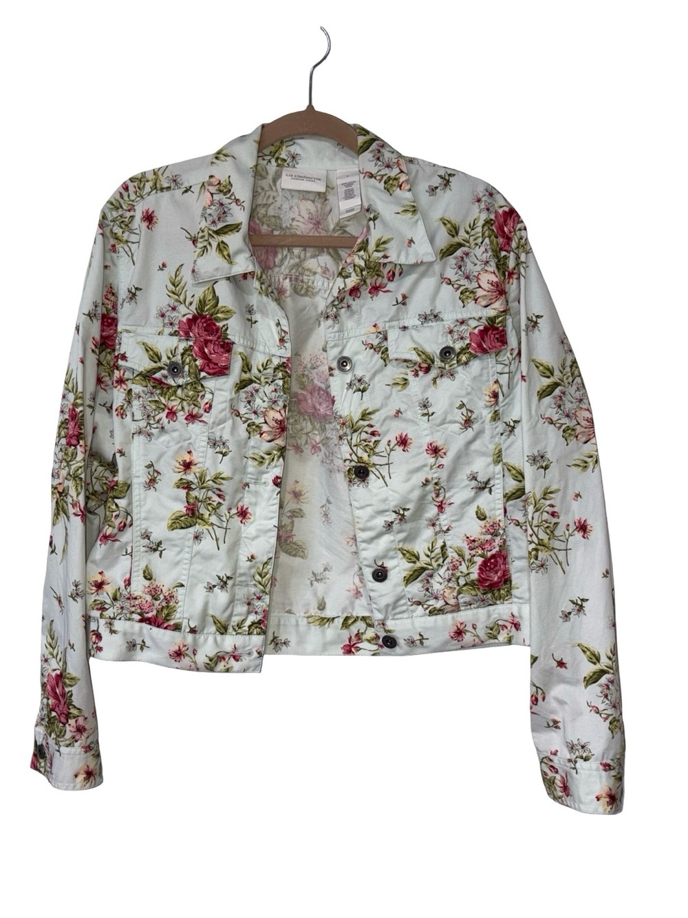 Liz Claiborne Floral Cropped Denim Jacket Size L 100% Cotton Cottagecore - Picture 5 of 9